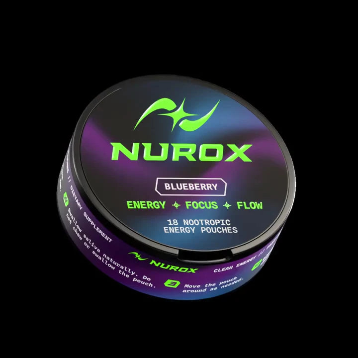 Nurox Blueberry tin with 18 energy and focus pouches